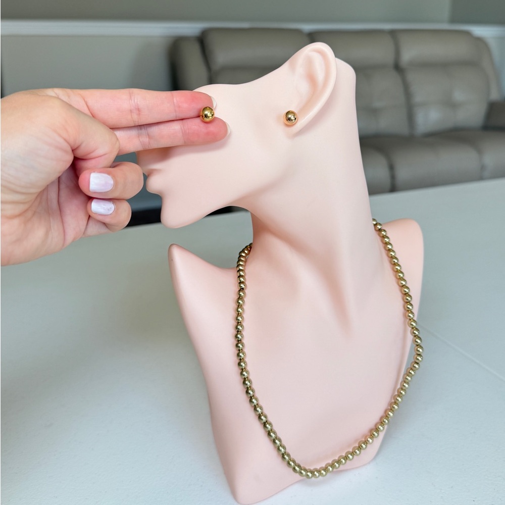 Gold Ball Stud Earrings and Necklace Set - Women Jewelry